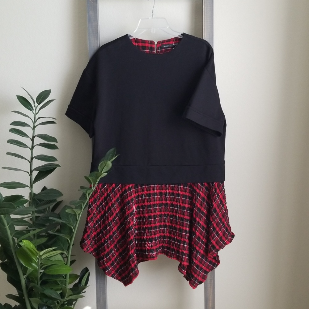 ZARA | Black drop waist dress with plaid bottom